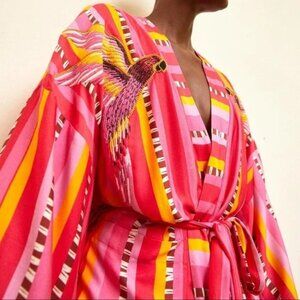 Farm Rio Lucy Parrot Stripe Tie Waist Embroidered Birds Cover Up Kimono Jacket